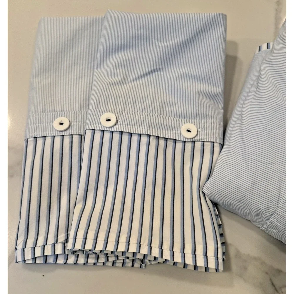 West Elm Organic Cotton Stripe Duvet Cover Full Queen Kyoto Blue + 2 Shams